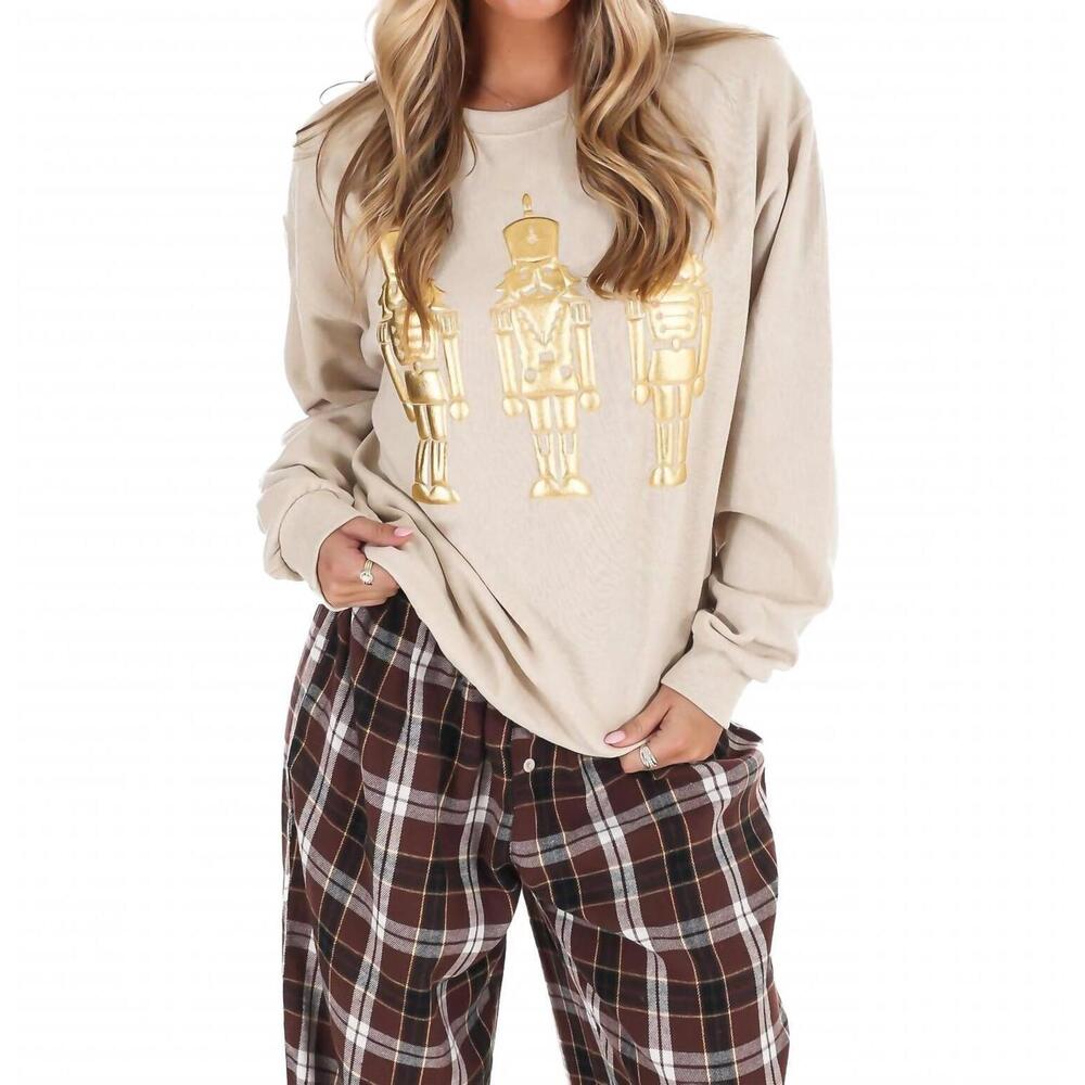 NEW SUGAR STITCH nutcracker metallic puff long sleeve sweatshirt in sandstone